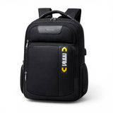 Black backpack with a visible brand logo on a white background
