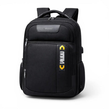 Black backpack with a visible brand logo on a white background