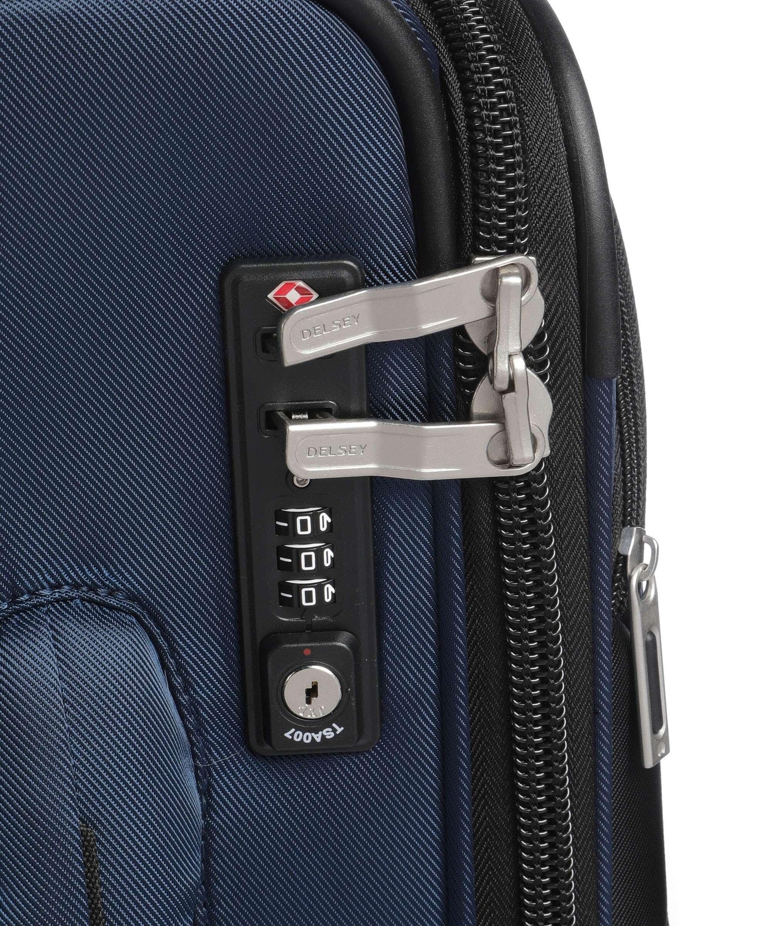 Blue Delsey travel luggage with TSA-approved combination lock and secure zipper pulls