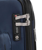 Blue Delsey travel luggage with TSA-approved combination lock and secure zipper pulls