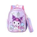 Pink and purple backpack with cartoon character on a pink background