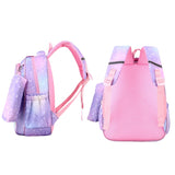 Pink and purple star-patterned student backpack with side pocket and padded straps