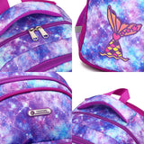 Purple galaxy print kids backpack with mermaid tail design, multiple zippers, and CUSANOEL brand tag