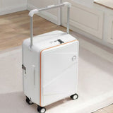 White hard-shell travel suitcase with orange trim, extendable handle, and 360° wheels for easy mobility