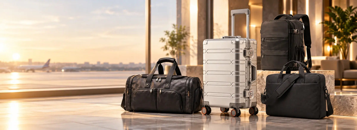 Silver hard-shell suitcase with a black duffel bag, backpack and laptop bag in an airport lounge