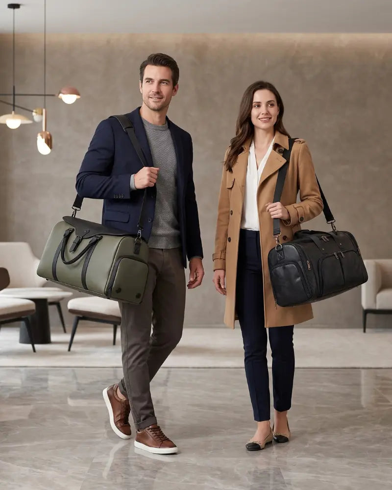 Man and woman carrying olive green and black duffel travel bags in a modern lobby