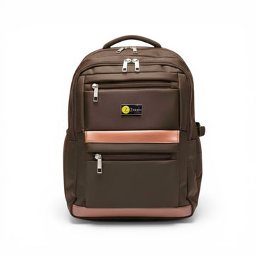 Brown backpack with a visible brand logo on a white background