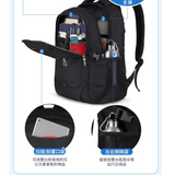 Black travel backpack with laptop sleeve, side water bottle pocket, and front zippered compartment for daily essentials