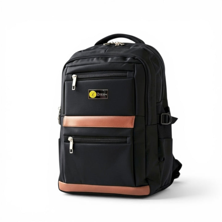 Black backpack with a brown accent on a white background