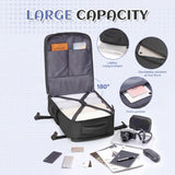 A large black and gray backpack shown open with labeled callouts about its capacity, including a laptop compartment, double slip pockets, and front pocket. The image includes surrounding accessories and the text 'LARGE CAPACITY' and '180°'.