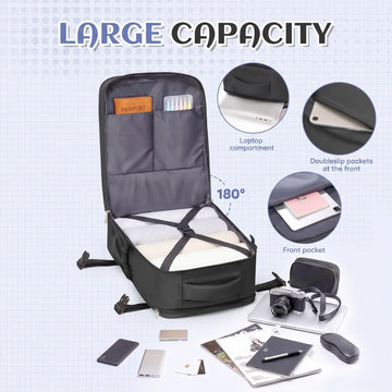 A large black and gray backpack shown open with labeled callouts about its capacity, including a laptop compartment, double slip pockets, and front pocket. The image includes surrounding accessories and the text 'LARGE CAPACITY' and '180°'.