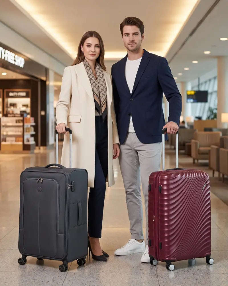 Man and woman with a grey softside suitcase and a burgundy hard-shell suitcase at an airport