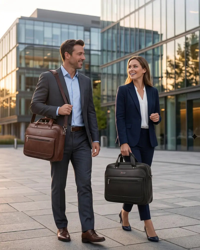 Man and woman carrying brown and black laptop bags outside a modern office building