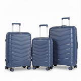 Navy blue hard-shell luggage set with chevron design, 3 sizes, spinner wheels, ideal for travel