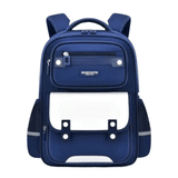 Blue student backpack with white front pocket, padded straps, and reflective details for school or travel