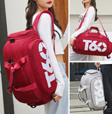Red and gray T60 travel duffel bag with backpack straps, ideal for gym, travel, or student use