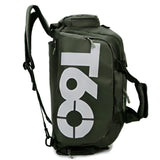 Olive green T60 travel backpack with bold white logo, multiple zippers, and adjustable straps for students and travelers.