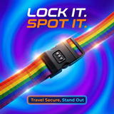 Rainbow luggage strap with combo lock for secure travel, stands out with vibrant colors