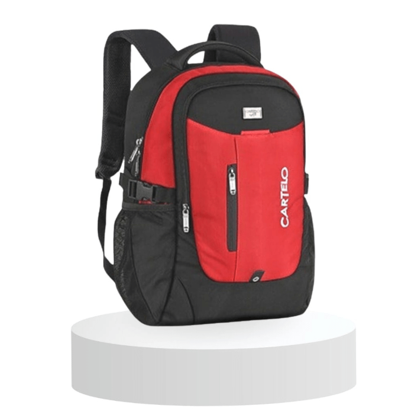 Red and black Cartelo laptop backpack with multiple zippers and side pockets, ideal for students and travel.