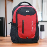 Red and black Cartelo laptop backpack for students and travel, featuring front zip pocket and side straps