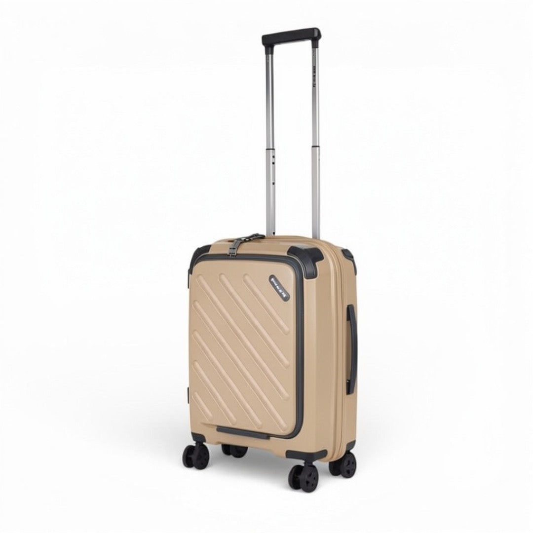Beige hardshell carry-on suitcase with 4 wheels and extendable handle for travel
