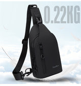Lightweight black sling bag, 0.22kg, ideal for travel and daily use with secure zippers and adjustable strap
