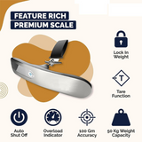 Feature-rich premium digital luggage scale with lock-in weight, tare function, 50kg capacity, and auto shut-off
