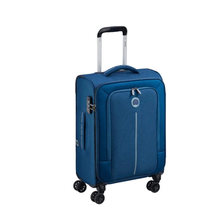 Blue suitcase with a visible brand logo on a white background