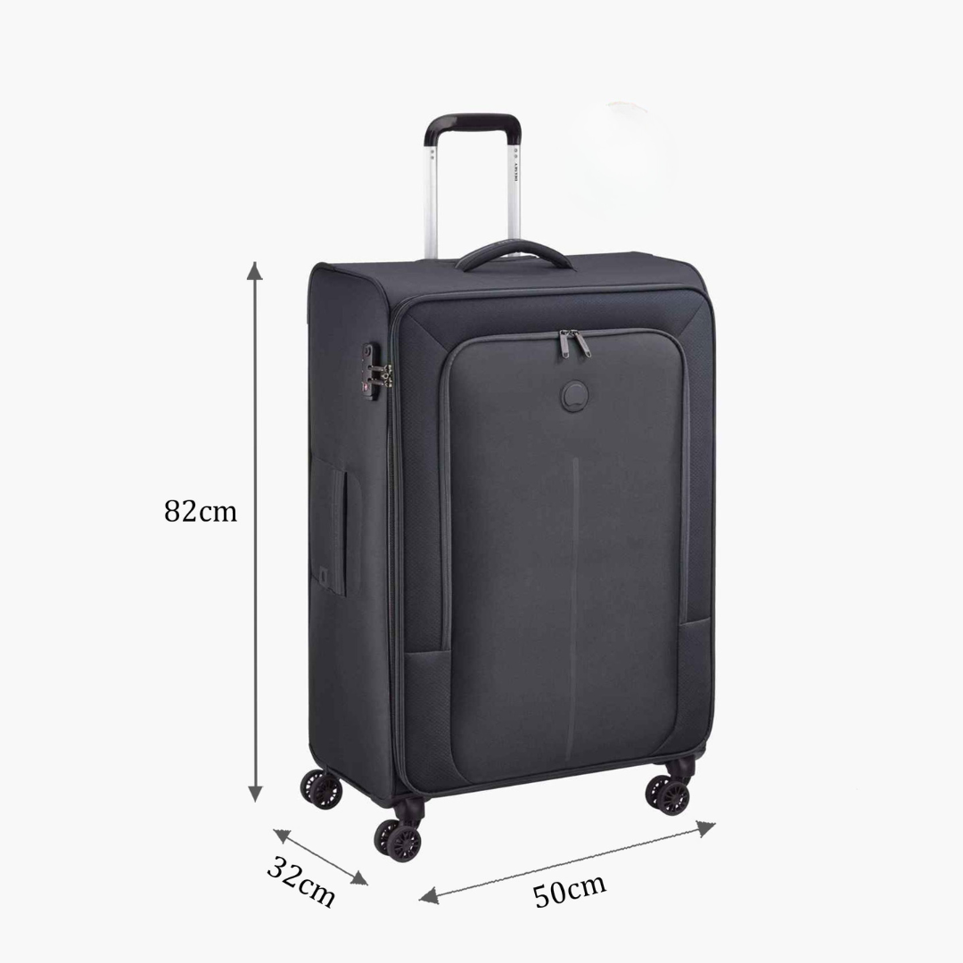 A dark gray softside spinner suitcase with dimension markings showing 82cm height, 32cm width, and 50cm depth on a light gray background.