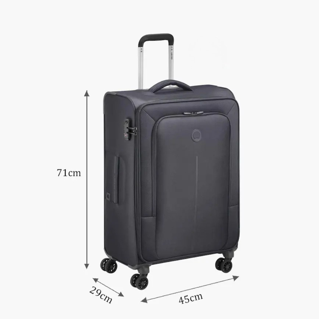 Dark gray softside spinner suitcase with extended telescoping handle, shown with dimension arrows and labels indicating 71cm height, 29cm width, and 45cm depth on a light gray background.