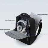 Black laptop backpack with organized compartments for tablet, headphones, and main storage