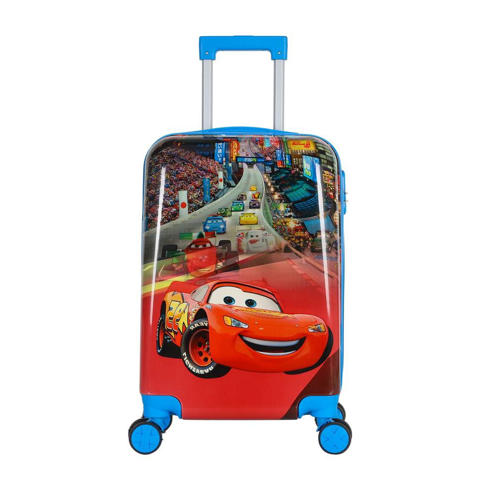 Kids' Lightning McQueen luggage with blue handle and wheels, perfect for travel adventures