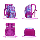 Purple galaxy print kids school backpack with mermaid design, padded straps, and side pockets