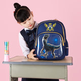 Blue dinosaur school backpack for kids, perfect for students and travel, featuring a space-themed design.