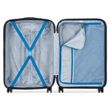 Open hardshell suitcase with blue X-straps and mesh pocket, ideal for travel luggage storage