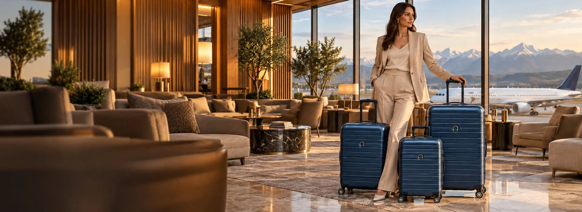 Woman standing beside three blue hard-shell suitcases in an airport lounge