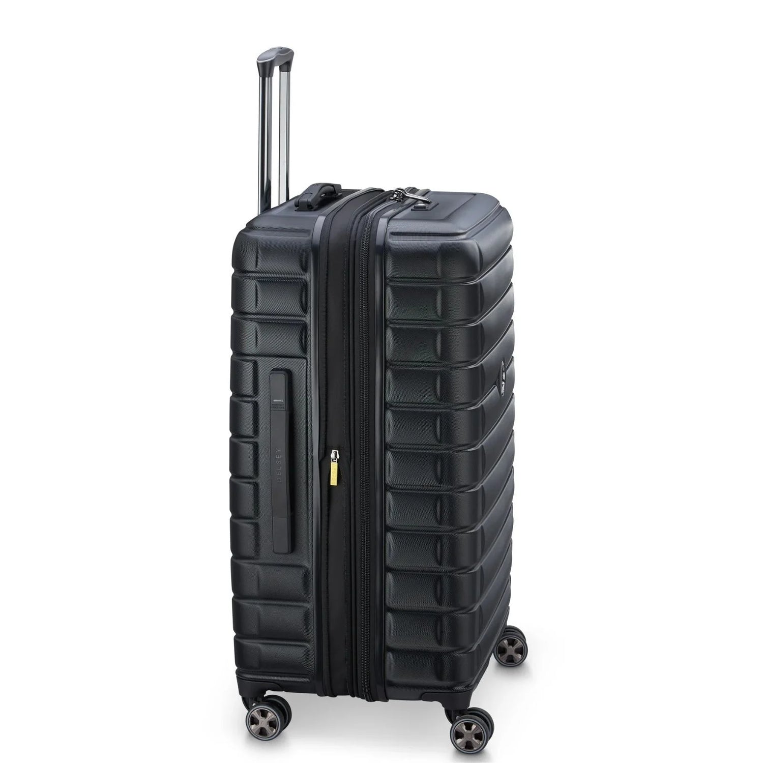 Black hard-shell travel suitcase with 4 spinner wheels and telescopic handle, ideal for luggage and travel