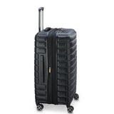 Black hard-shell travel suitcase with 4 spinner wheels and telescopic handle, ideal for luggage and travel