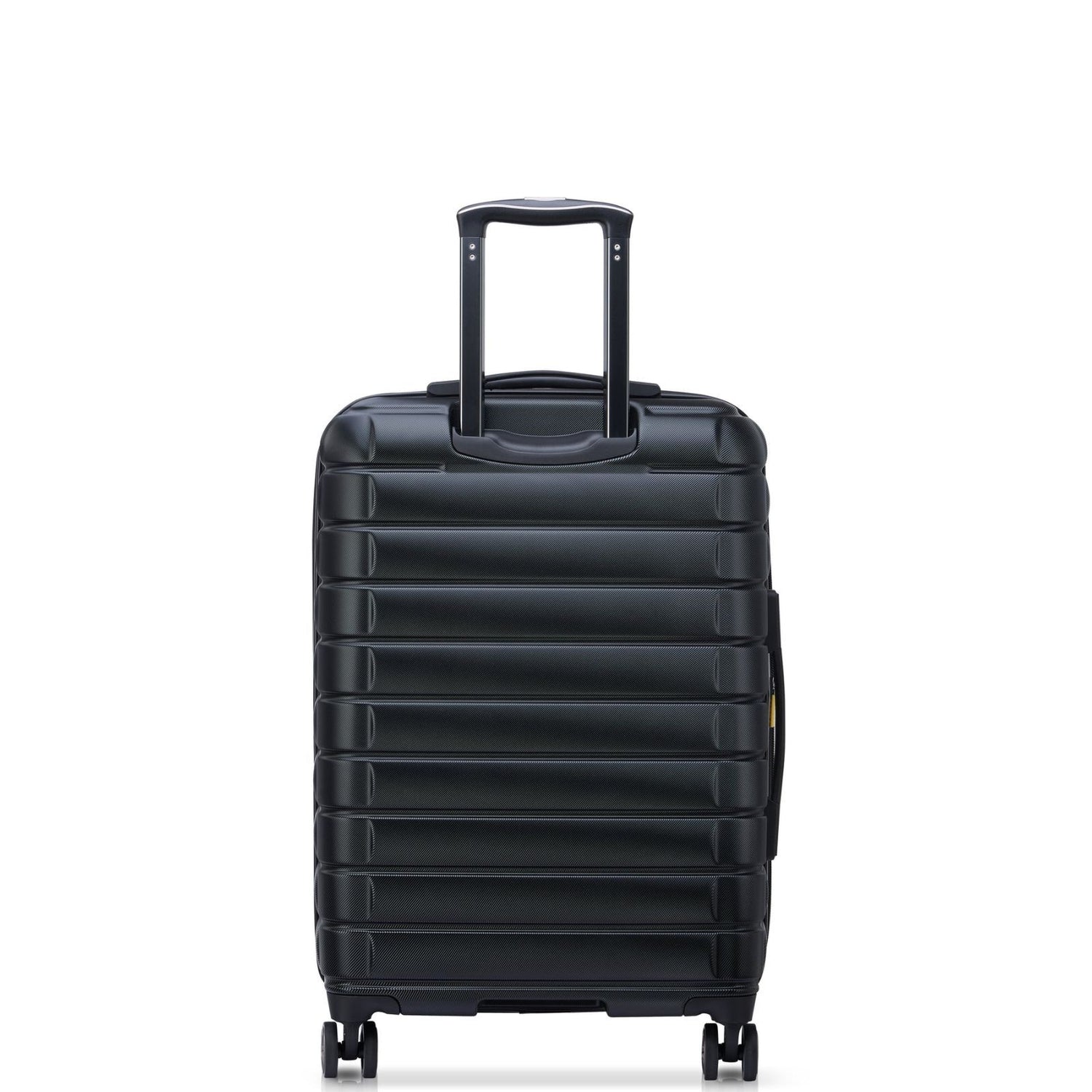 Black hard-shell travel suitcase with extendable handle and spinner wheels for easy mobility