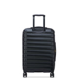 Black hard-shell travel suitcase with extendable handle and spinner wheels for easy mobility