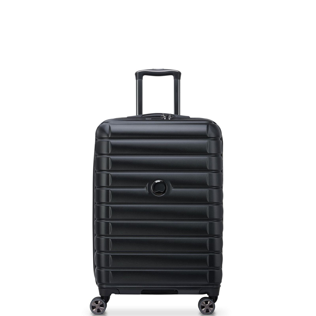 Black hardshell travel suitcase with spinner wheels and telescopic handle for easy mobility