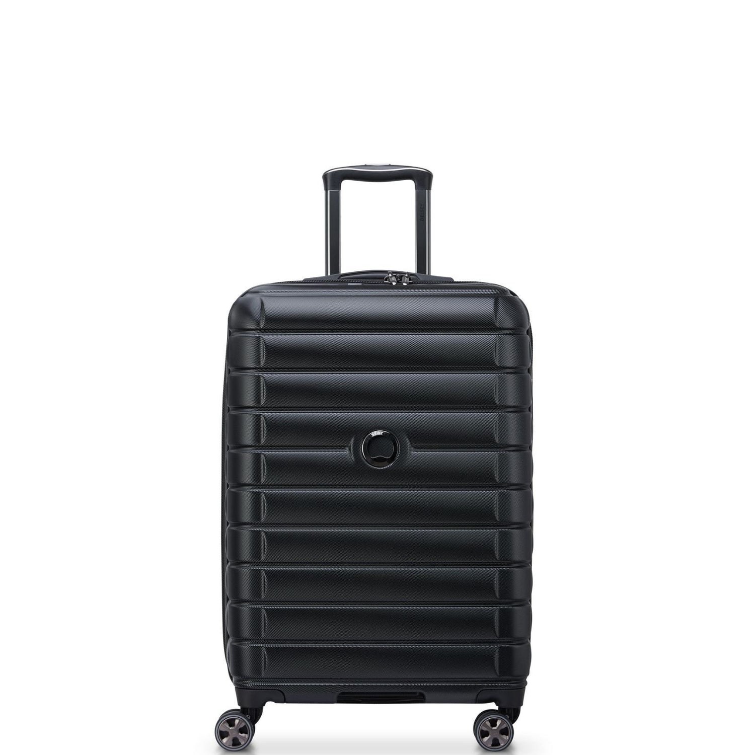 Black hardshell travel suitcase with spinner wheels and telescopic handle for easy mobility