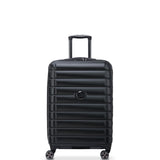 Black hardshell travel suitcase with spinner wheels and telescopic handle for easy mobility