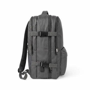 A dark gray multi-compartment backpack with adjustable compression straps and a padded shoulder strap, shown from the back on a white background.