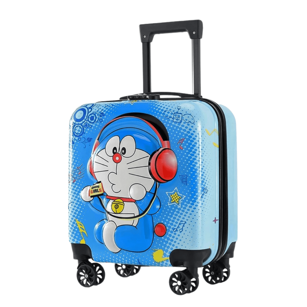 Blue Doraemon kids luggage with red headphones, 4 wheels, perfect for travel or school