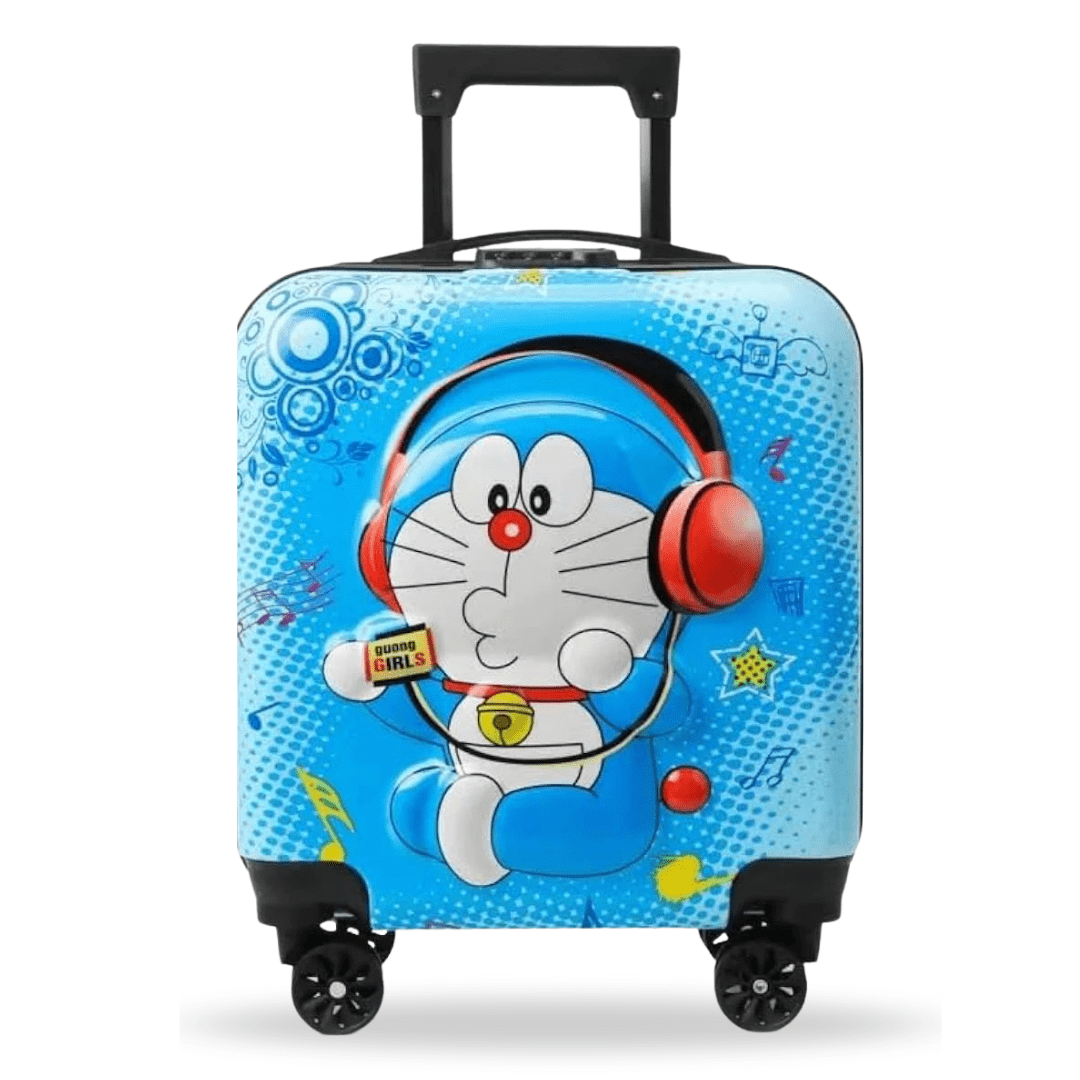 Blue Doraemon kids luggage with red headphones, perfect for travel or school, featuring 4 wheels and handle.