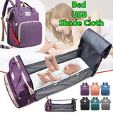 Multi-functional diaper backpack with foldable baby bed, USB port, and shade cloth, shown in various colors.