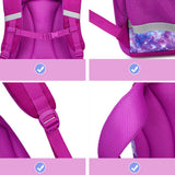 Purple student backpack with padded straps, mesh back, and galaxy pocket detail for school or travel