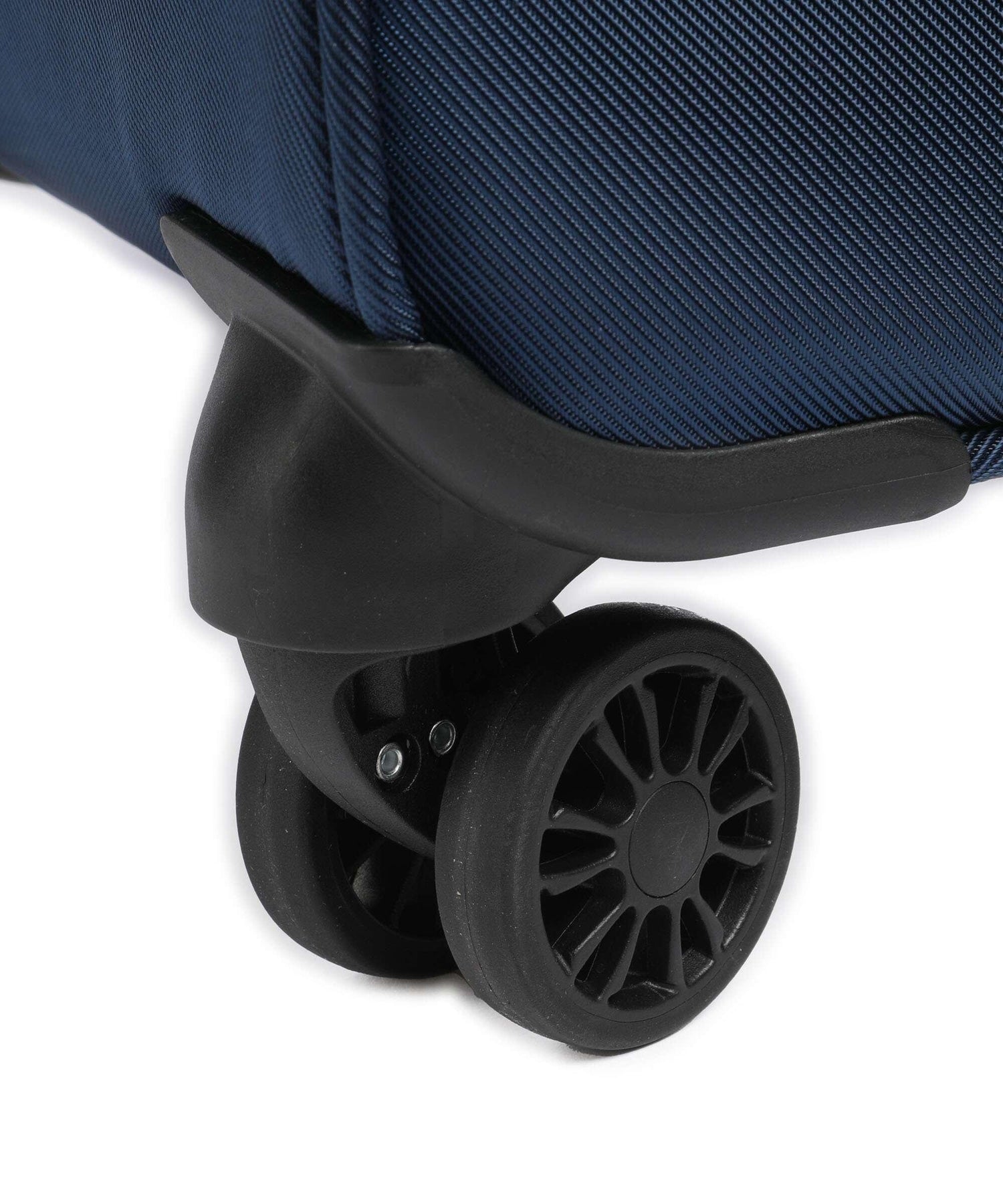 Blue travel luggage with durable black spinner wheels for smooth mobility