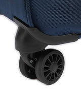 Blue travel luggage with durable black spinner wheels for smooth mobility